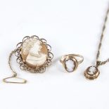 A Vintage 9ct gold relief carved shell cameo demi-parure, comprising ring, brooch and pendant