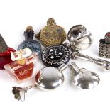 Various items, including silver rose holder, miniature silver scent flask and funnel etc Lot sold as