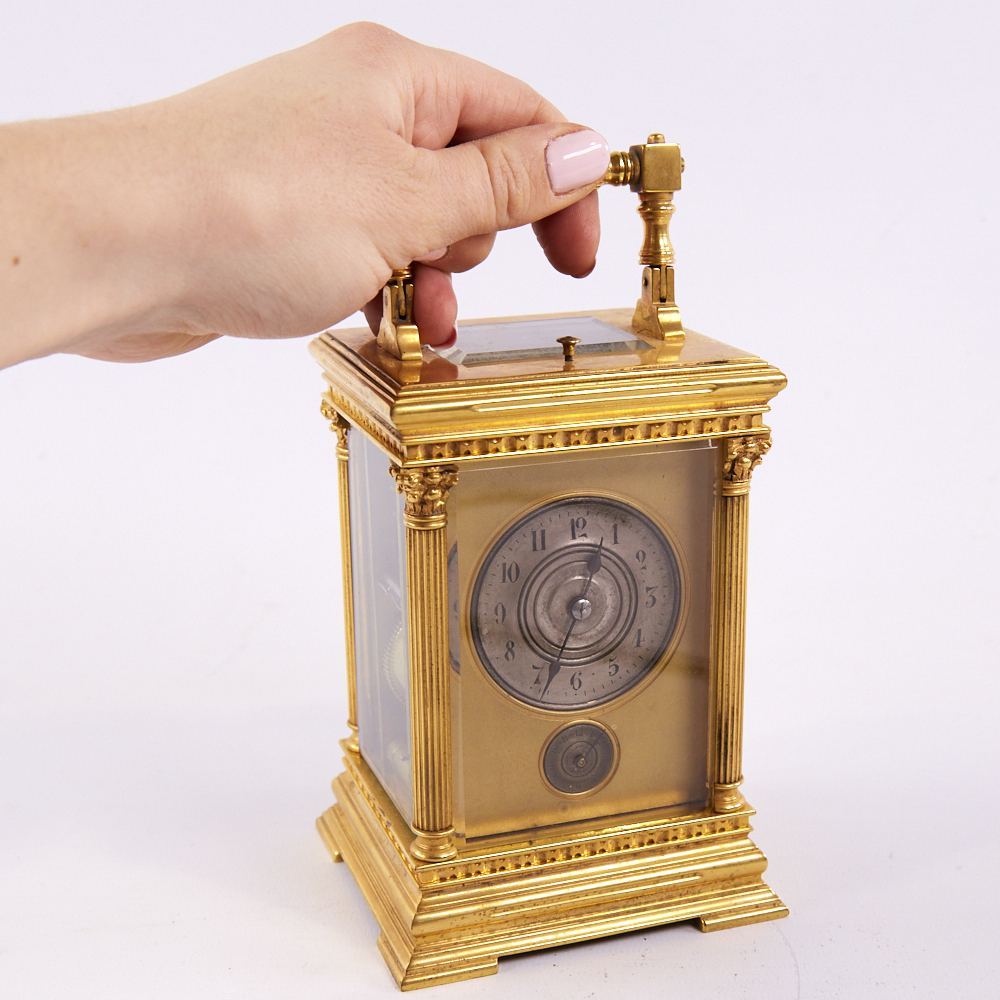 A 19th century gilt-bronze dual time zone repeating carriage clock timepiece, silvered dial with - Image 5 of 5