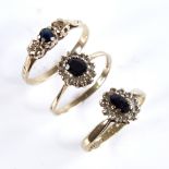 3 late 20th century 9ct gold sapphire and diamond rings, sizes K x 2, and L, 3.8g total (3) All in
