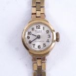 RONE - a lady's Vintage 9ct gold mechanical wristwatch, silvered dial with black painted Arabic
