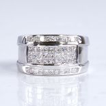 A large heavy modern 18ct white gold diamond cluster ring, set with Princess-cut diamonds, total