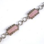 An Art Deco silver and pink enamel floral panel bracelet, by Harmony, bracelet length 19cm, 19.4g