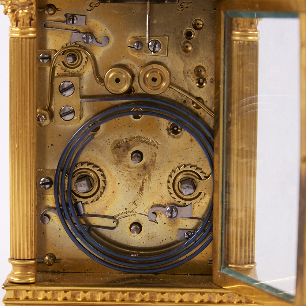 A 19th century gilt-bronze dual time zone repeating carriage clock timepiece, silvered dial with - Image 3 of 5