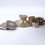 Various silver, including Capstan inkwell, 2 cigarette cases, napkin rings etc, 5.7oz weighable (