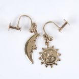 A pair of Vintage 9ct gold figural sun and moon earrings, screw-back settings, earring height 25.