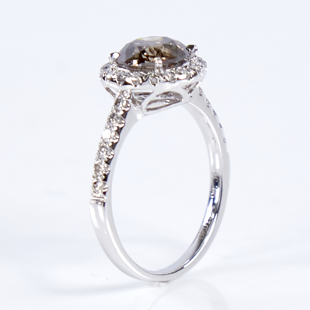 A modern 14ct white gold fancy orange brown and colourless diamond halo cluster ring, set with round - Image 4 of 5