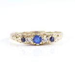 A 19th century 18ct gold graduated 5-stone blue glass sapphire and diamond half hoop ring, setting