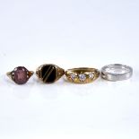 4 various 9ct gold stone set rings, including white gold diamond set example, 15.4g total (4)