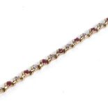 A modern 9ct gold ruby and diamond line bracelet, bracelet width 3.8mm, bracelet length 18cm, 5.6g