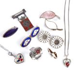 Various Danish jewellery, including Georg Jensen Kingmark badge, pair of Meka enamel leaf clip