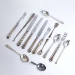 Various silver cutlery, including Georgian and Victorian teaspoons, 3-place setting of silver-