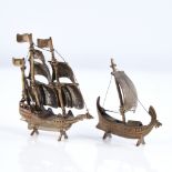 2 modern Continental silver-gilt miniature model ships, largest height 7cm (2) Both in good original