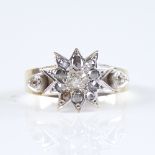 A 19th century unmarked gold diamond cluster starburst ring, circa 1890, set with old mine-cut and