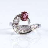 A late 20th century 14ct white gold pink tourmaline and diamond cocktail ring, set with oval mixed