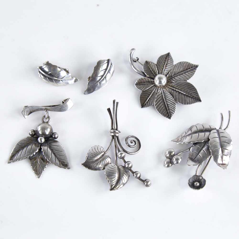 Various Danish stylised silver jewellery, including pair of clip leaf earring by Niels Erik From,