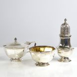 An Elizabeth II silver 3-piece cruet set, comprising baluster pepperette, mustard pot and salt,