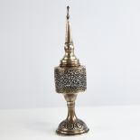 A sterling silver Judaica besamim spice tower, by Hazorfim, pierced openwork body with relief