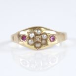 A 19th century 15ct gold ruby split-pearl and diamond ring, set with central rose-cut diamond within