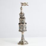 A sterling silver Judaica besamim spice tower, modelled as a castle turret, set with turquoise