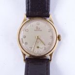 RECORD - a Vintage 9ct gold mechanical wristwatch, silvered dial with gilt Arabic numerals and
