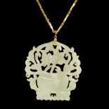 A Chinese carved and pierced jade basket of flowers pendant necklace, on a Chinese high carat gold