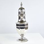 A large Edwardian silver baluster sugar caster, hexagonal form with urn finial, by John Round &
