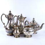 A good quality Victorian silver 5-piece tea set, comprising coffee pot, hot water jug, teapot, 2-