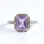 A modern 9ct white gold amethyst and diamond cluster ring, set with radiant-cut amethyst and eight-