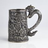 A mid-19th century Chinese export silver mug, by Cutshing of Canton, tapered cylindrical form with