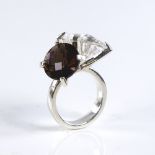 A modern handmade unmarked silver rock crystal smoky quartz and amethyst dress ring, rock crystal