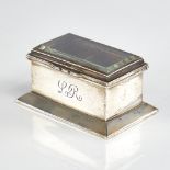An Edwardian silver double postage stamp box, rectangular form with bevelled glass viewing lid,