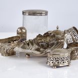 Various silver items, including shell butter dish, cruets, condiment pots, dressing table jar,