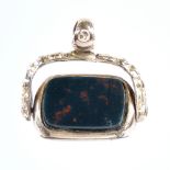 A large 19th century unmarked yellow metal swivel seal fob pendant, set with bloodstone and lemon