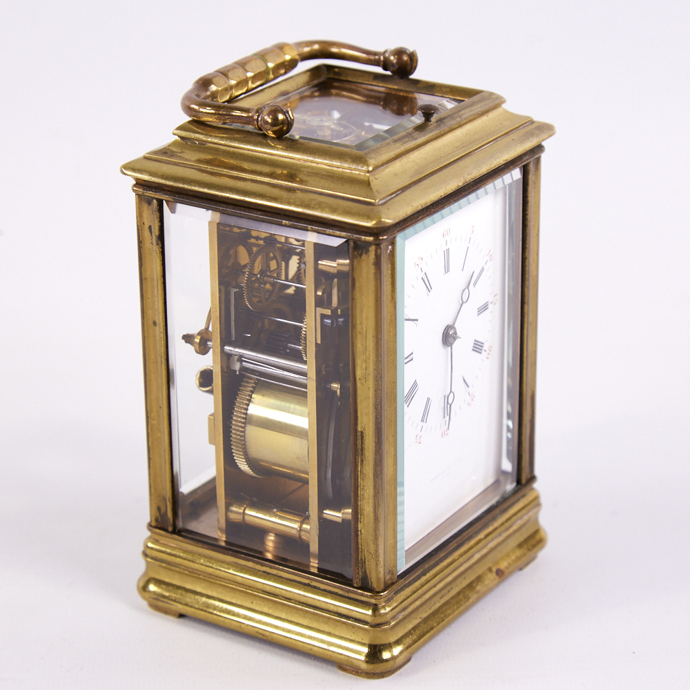A 19th century brass-cased repeating carriage clock, white enamel dial with Roman numeral hour - Image 2 of 5