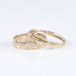 2 9ct gold wedding band rings, including 19th century floral engraved example, band widths 5mm and