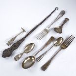 Various silver, including Victorian tea caddy spoon, spoon and fork set, silver-handles button