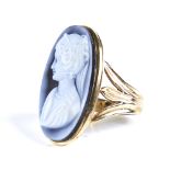 A large late 20th century 9ct gold relief carved hardstone cameo ring, depicting female profile,