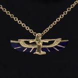 A modern Egyptian Revival gold and lapis lazuli pendant necklace, on 9ct cable link chain, pendant