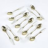 FRIGAST - a set of 12 Vintage Danish vermeil sterling silver and white enamel coffee spoons, spoon