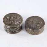 2 Continental silver pillboxes, relief embossed decoration, largest diameter 4cm, 1.5oz total (2)