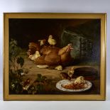 Oil on canvas, hen and chicks in the farmyard, late 19th/early 20th century, unsigned, 25" x 30",