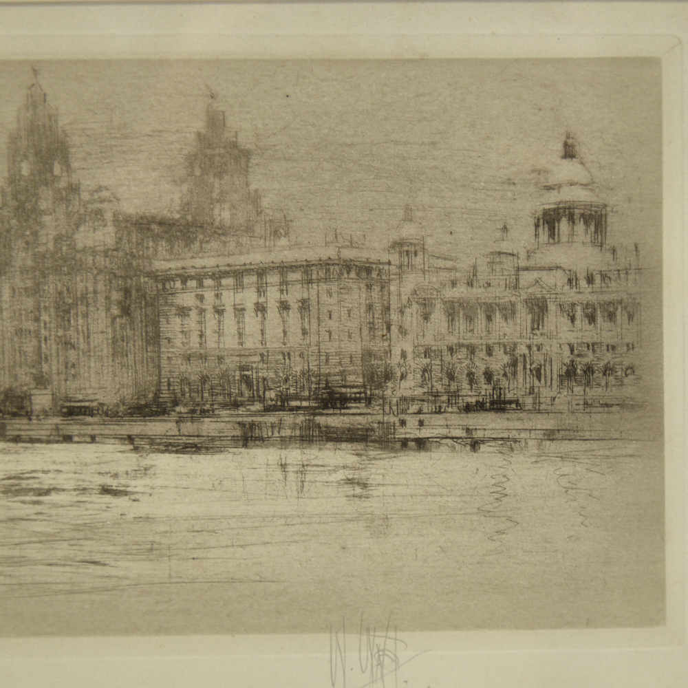 William Walcot (1874 -1943), etching, The Mersey, signed in pencil, image 4.5" x 12.5", framed A - Image 4 of 8