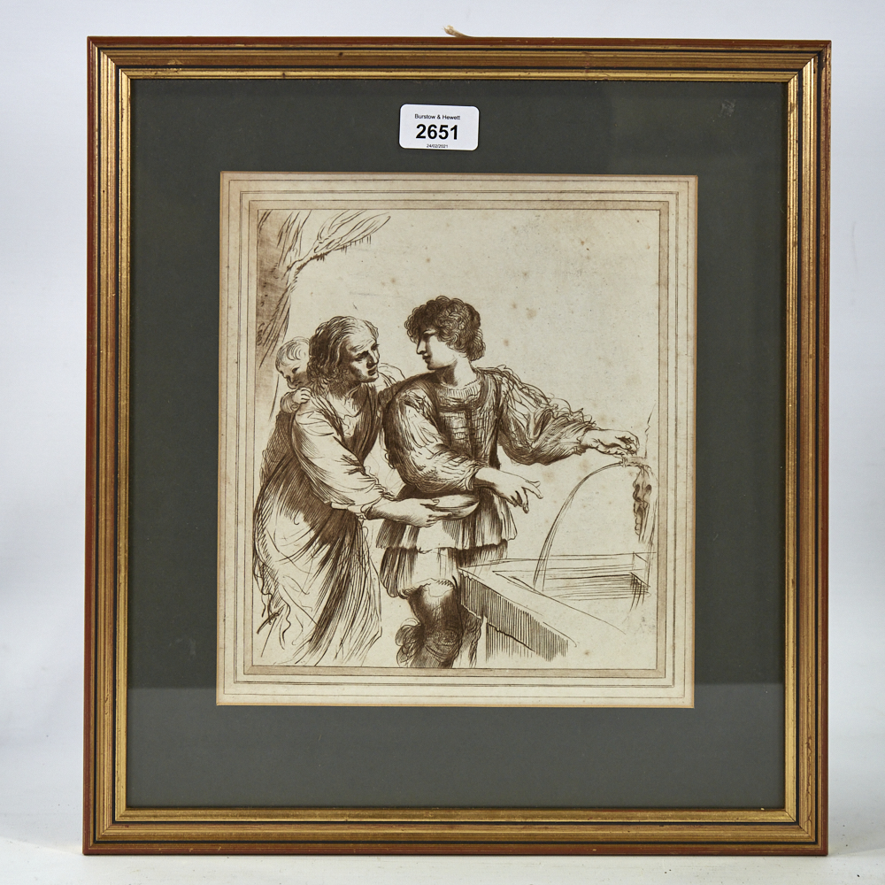 18th century mezzotint, after Guercino, figures at the fountain, 10" x 9", framed Light foxing - Image 3 of 8