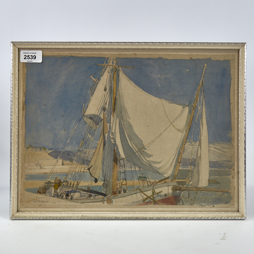 M McCrossan, watercolour, yachts in harbour, 1929, 11" x 14", framed Slight paper discolouration, no