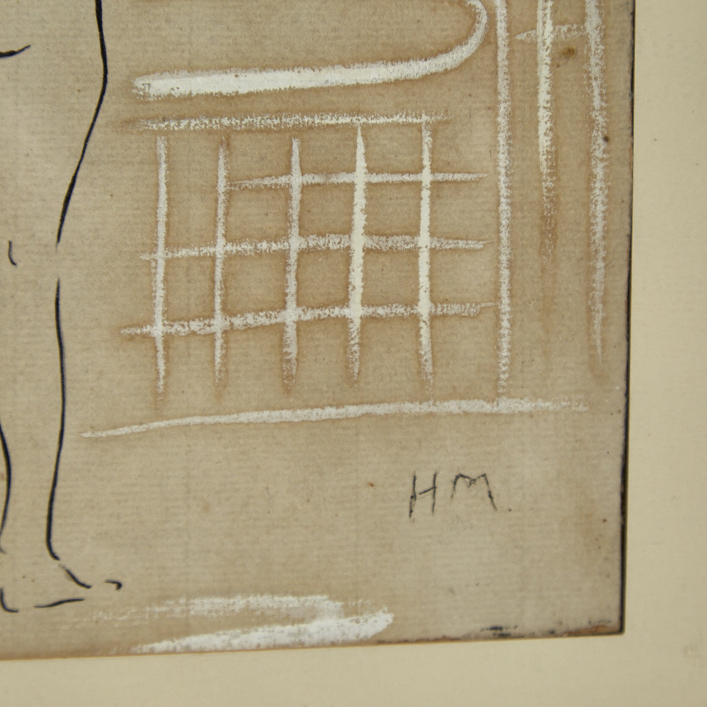 Mid-20th century ink on paper, standing nude, signed with monogram HM, 10" x 7.5", framed Slight - Image 2 of 4