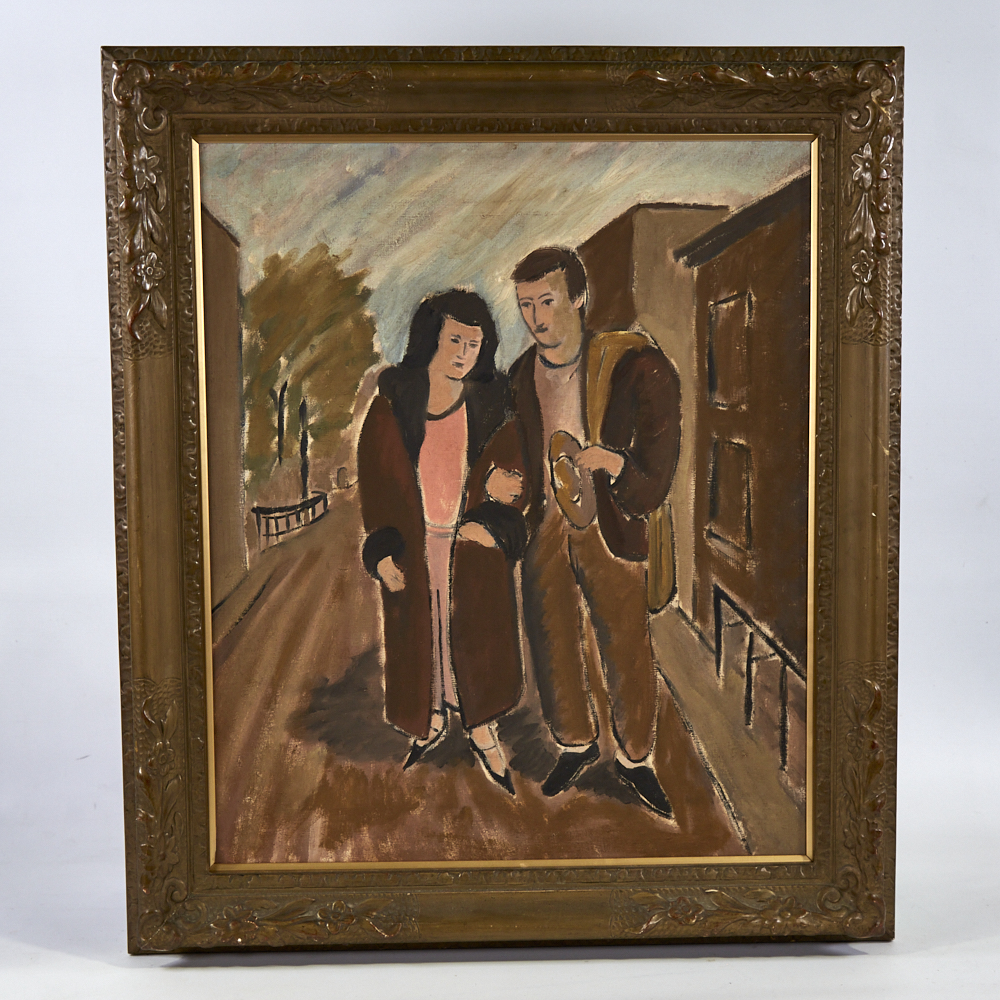 Oil on canvas, couple on a street, unsigned, 22" x 18", framed Good condition, no canvas damage or