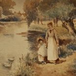 R Douglas, 19th/20th century watercolour, path by a river, signed, 7.5" x 9.5", framed Paper