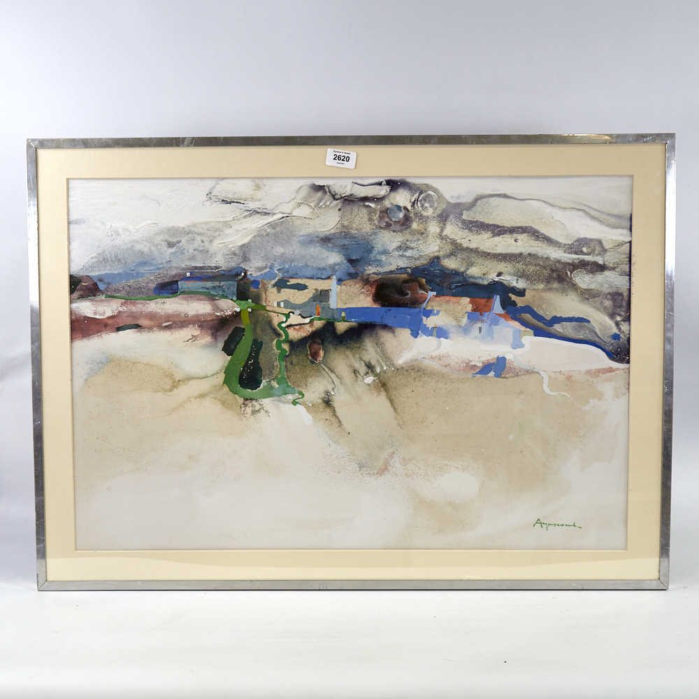 Martin Aynscomb Harris, mixed media on paper, abstract landscape, signed 19.5" x 29", framed Good - Image 3 of 8