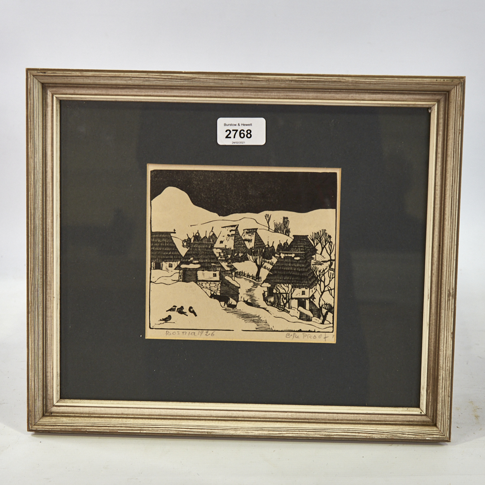 Bernard Rice, wood engraving, Bosnia 1926, signed with initials, image 5" x 6", framed, slight paper